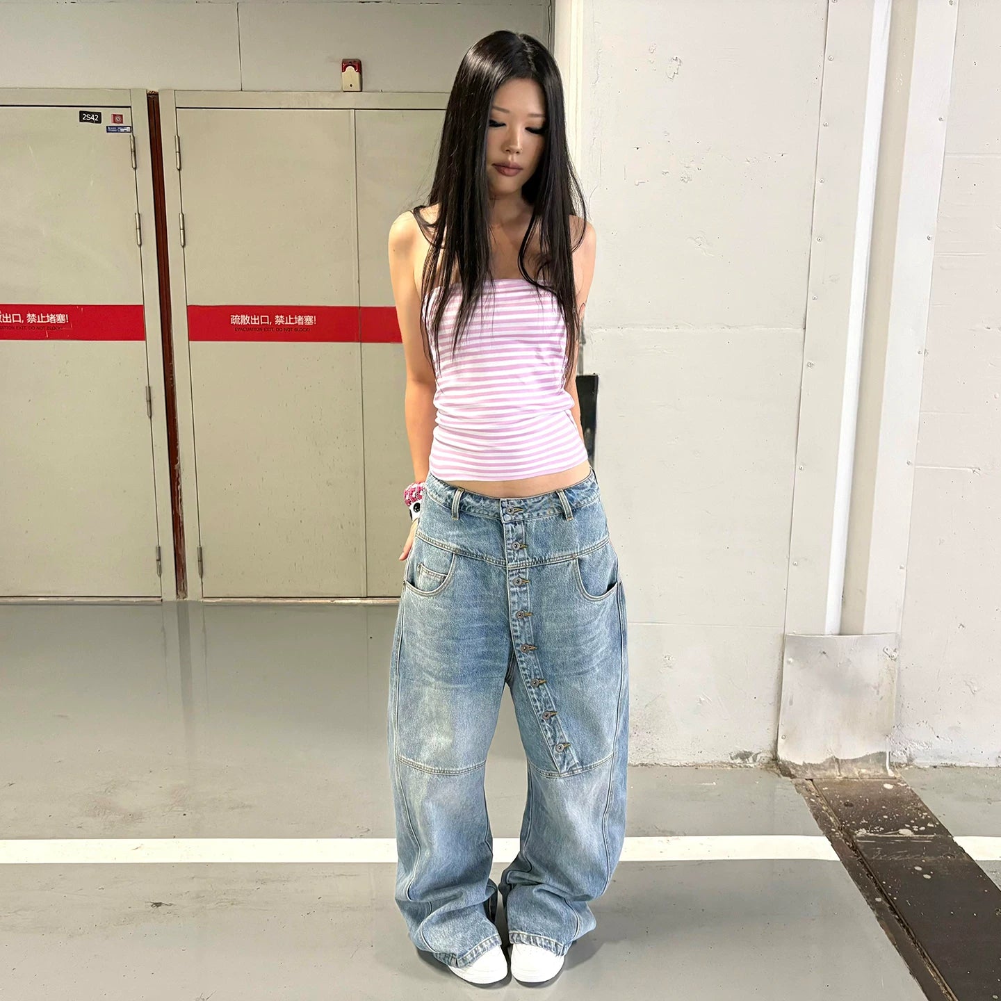 DND4DES American Heavy Industry 3D Cat Beard Washed for Old, Long Buckle Baggy, Curved Knife Jeans, Multi Color