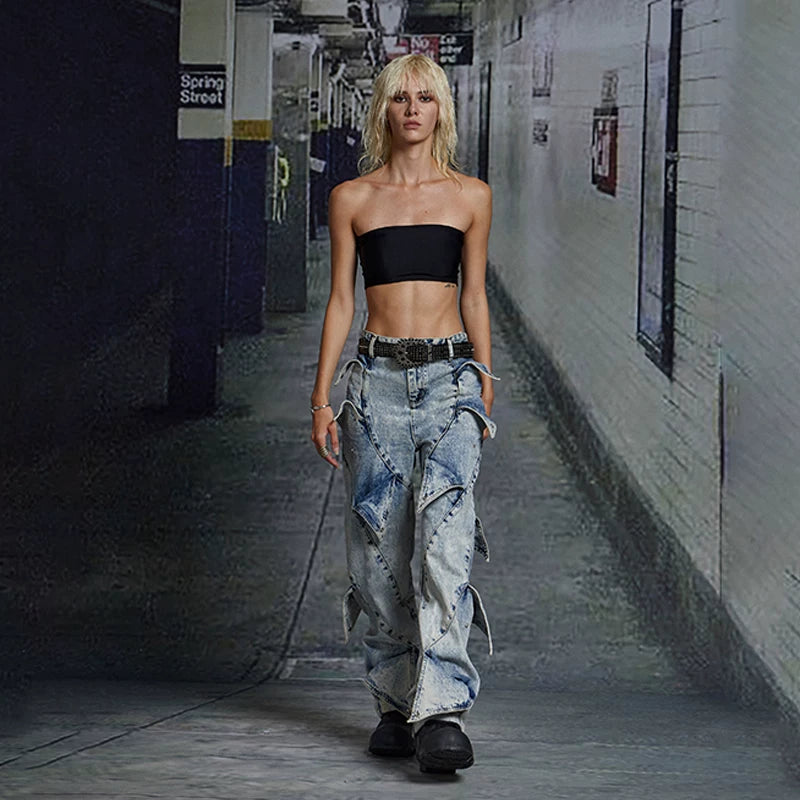 DND4DES deconstructs washed denim jeans with a sense of niche design, retro snow flower washing technology, youth trend pants