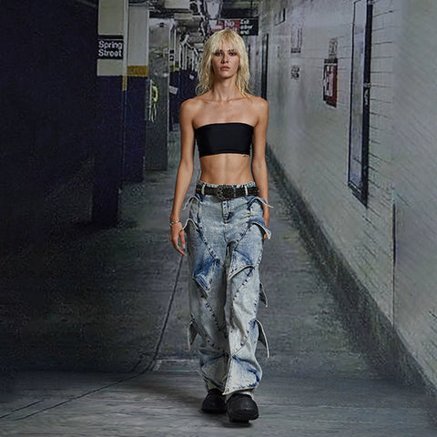 DND4DES deconstructs washed denim jeans with a sense of niche design, retro snow flower washing technology, youth trend pants