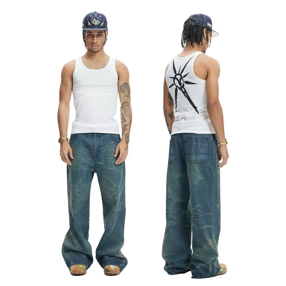 DND4DES American retro laser burned flower washed distressed bamboo striped jeans straight tube micro flared 2021M version