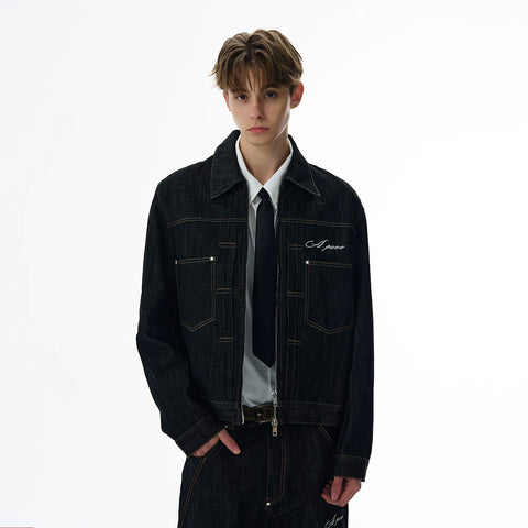 A PUEE American retro silhouette denim original color denim jacket set, clean fit, cool and loose fit jacket trendy