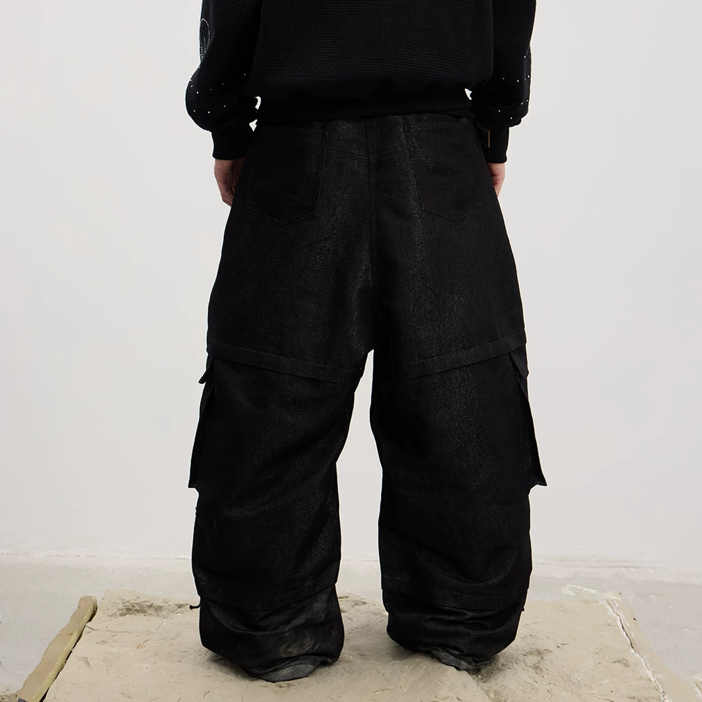DND4DES original deconstruction design, ium Reebok pants with adjustable pleats, strap pockets, workwear jeans