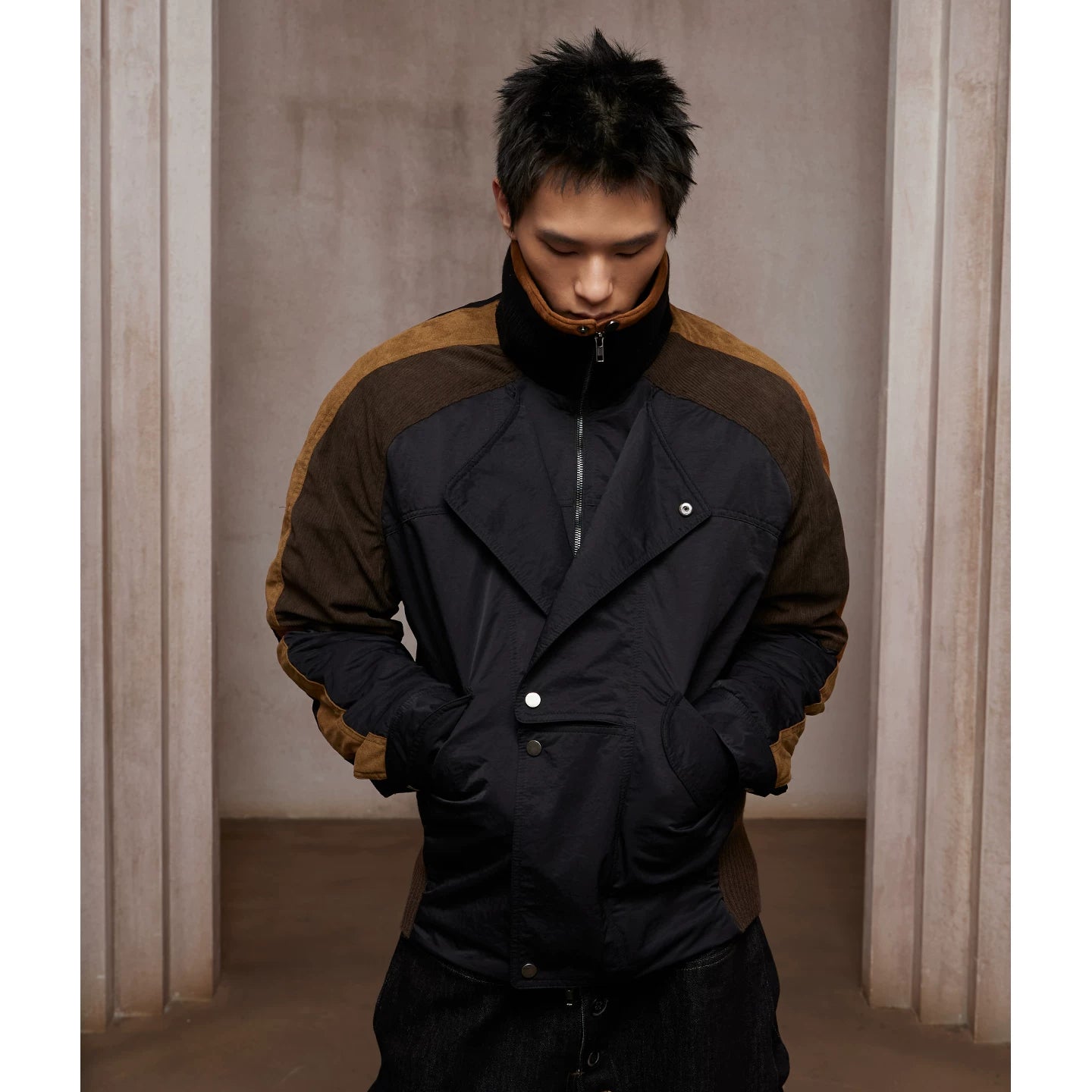 DND4DES American street double breasted contrasting splicing suede corduroy cotton jacket jacket design sense