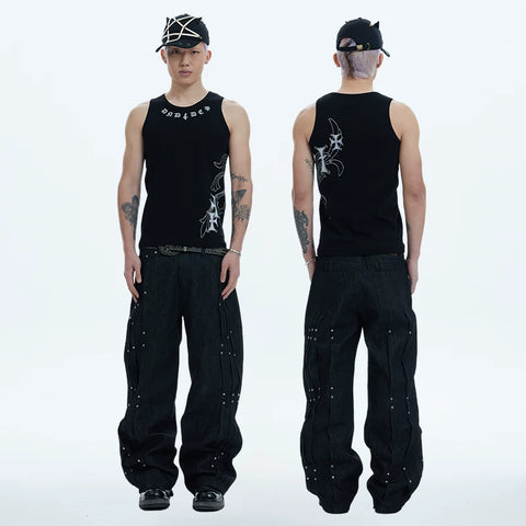 DND4DES Deng Kai Same Style American Street Hip Hop Tight Elastic Honeysuckle Cross Printed Tank Top Multi Color