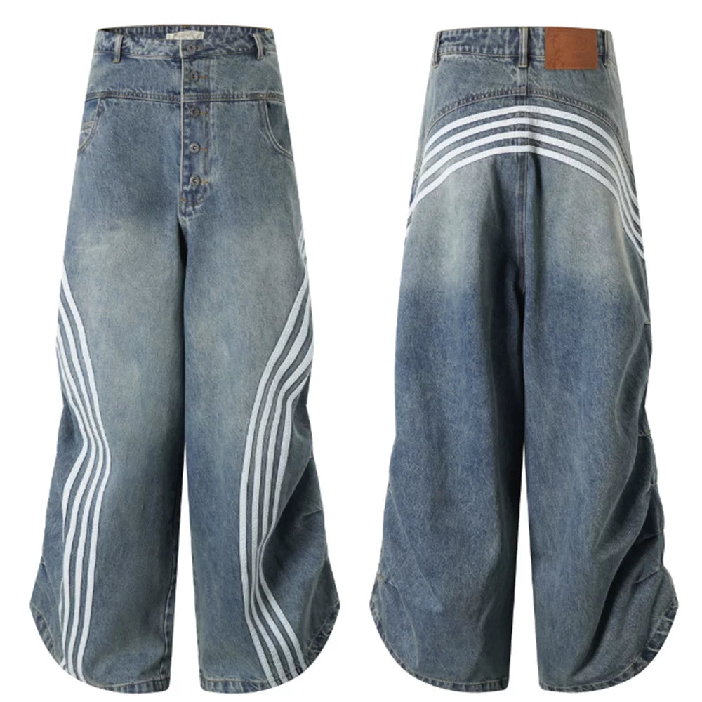 DND4DES Chen Sihan's same American retro heavy-duty washed distressed pleated striped patchwork wide leg jeans