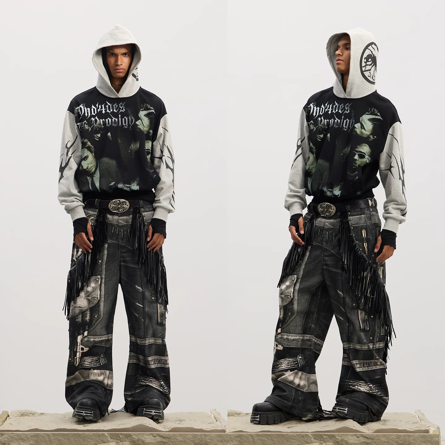 DND4DES American acid font rock portrait print splicing contrasting color Boxy short and wide hooded sweatshirt jacket