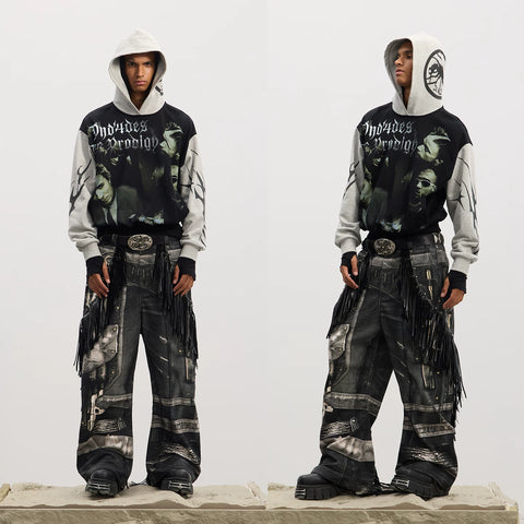 DND4DES American acid font rock portrait print splicing contrasting color Boxy short and wide hooded sweatshirt jacket