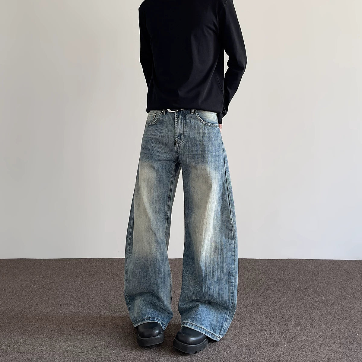A PUEE American high street clean fit bamboo knot distressed curved jeans men's straight tube slightly flared long pants