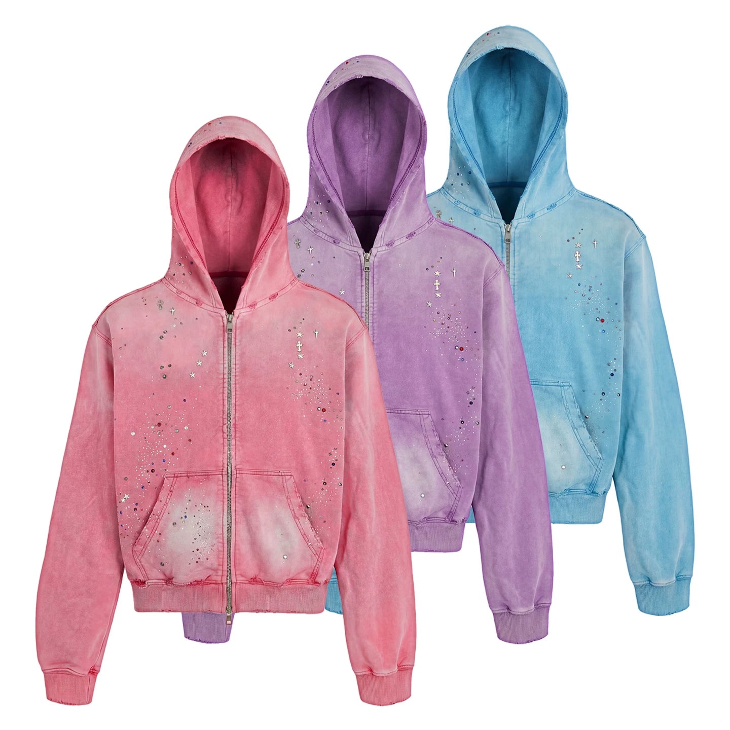 Wang Lujie's same DND4DES original design, starry sky hot stamping, water washing, zipper breaking, hooded sweatshirt jacket