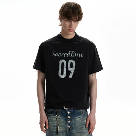 A PUEE American retro letter printed vintage short sleeved T-shirt, trendy vintage shoulder short style, rugged and handsome top, summer