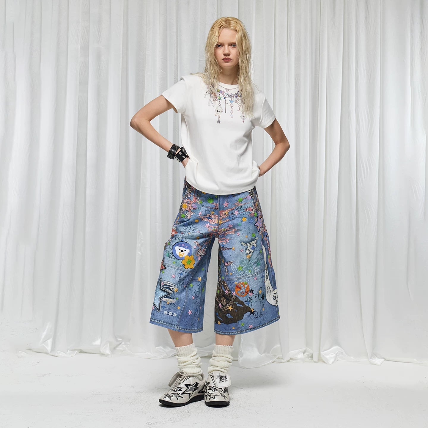 Huang Zihong, Fan He Haonan, same style DND4DES American street digital printed denim shorts cartoon cropped pants