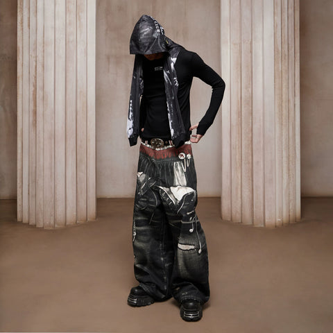 DND4DES Liu Yaowen's original American style 3D printed three waisted printed curved knife silhouette baggy jeans