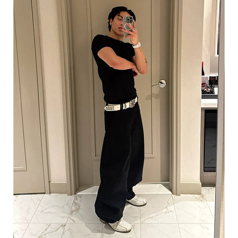 Retro punk style rhinestone leather belt, unisex rivet metal belt