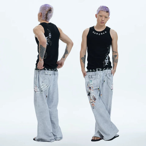 DND4DES Deng Kai Same Style American Street Hip Hop Tight Elastic Honeysuckle Cross Printed Tank Top Multi Color