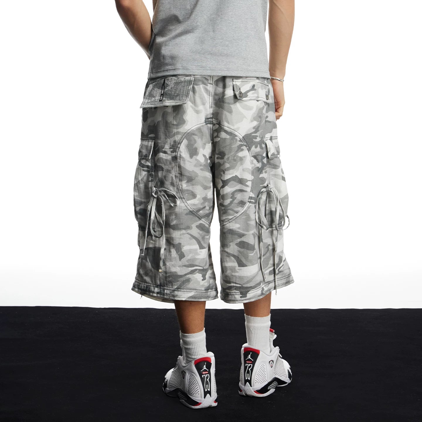 DND4DES hip-hop style street camouflage wide leg cropped pants with multiple pockets, loose straight leg linen shorts