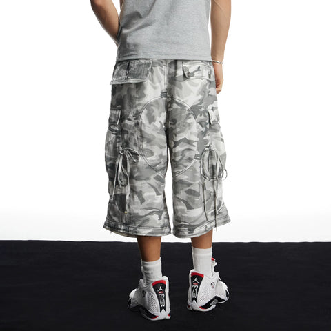 DND4DES hip-hop style street camouflage wide leg cropped pants with multiple pockets, loose straight leg linen shorts