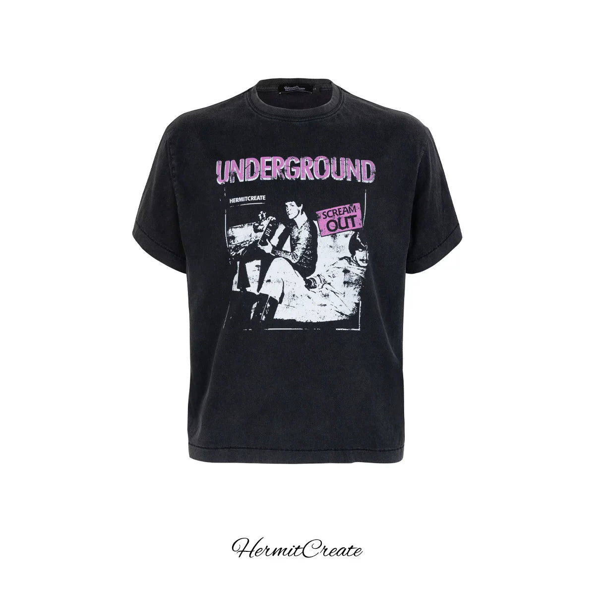 HC/HermitCreate Washed Vintage Band Printed Short Sleeves Boxy Style Heavy Street