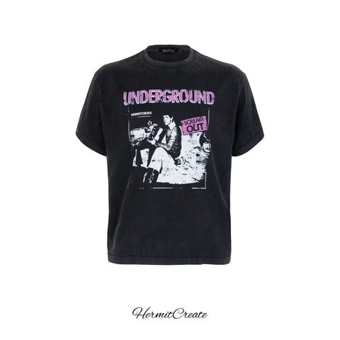 HC/HermitCreate Washed Vintage Band Printed Short Sleeves Boxy Style Heavy Street