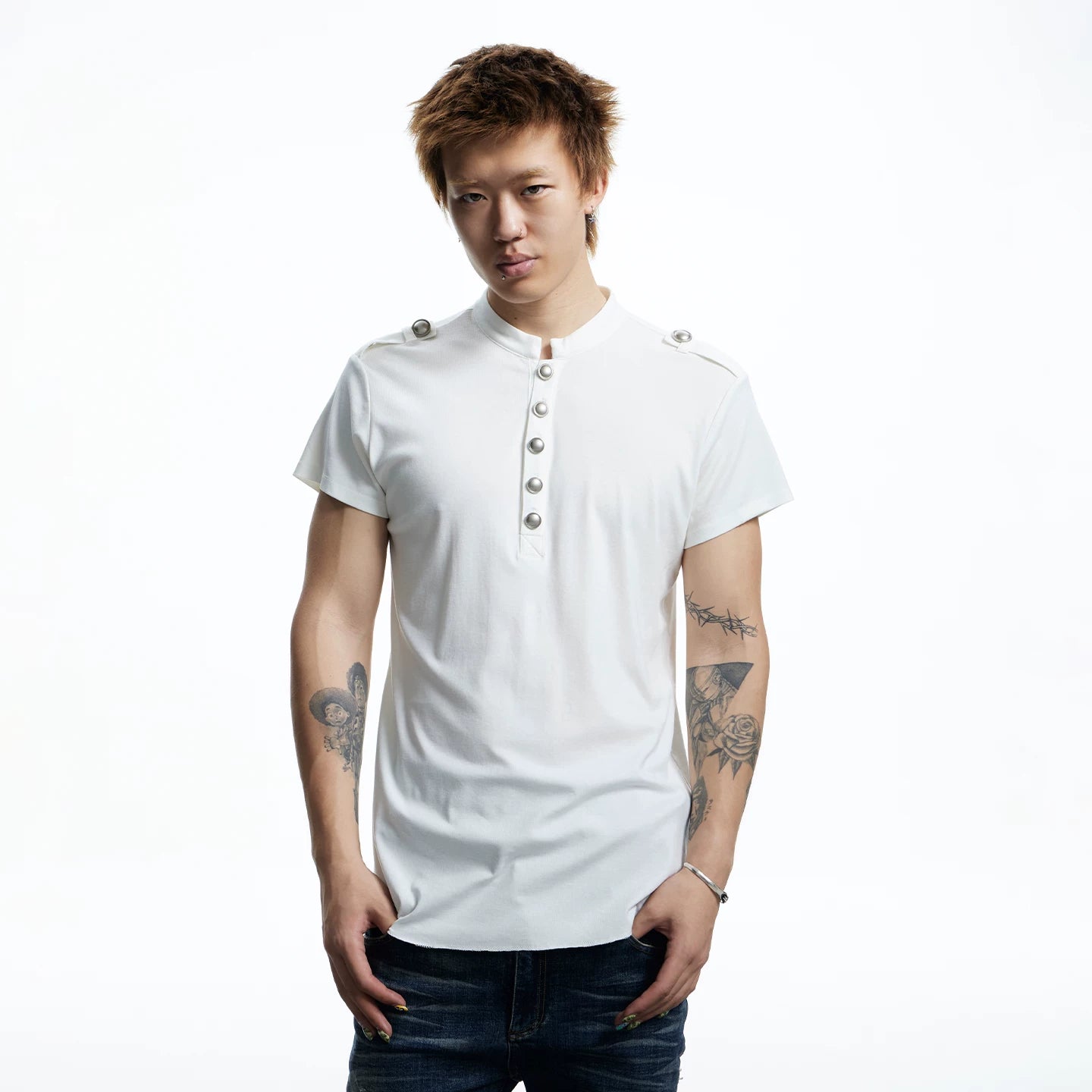 DND4DES American retro Henry collar short sleeved T-shirt court style metal buckle design top