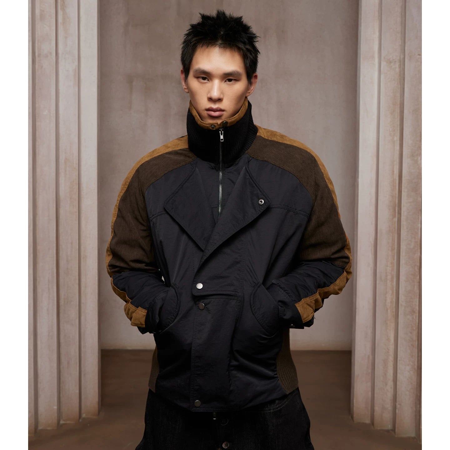 DND4DES American street double breasted contrasting splicing suede corduroy cotton jacket jacket design sense