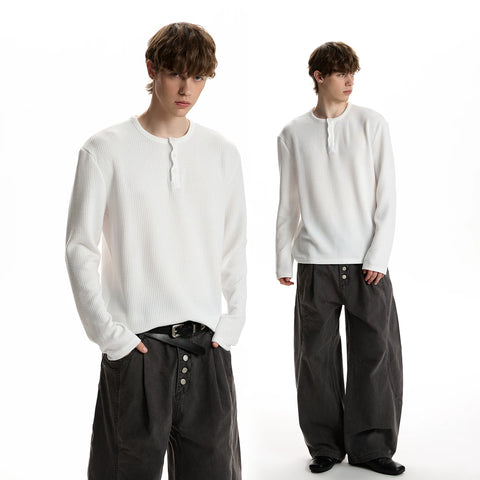 A PUEE retro casual Henry collar long sleeved T-shirt cleanfit spring high-end feeling old money top base shirt