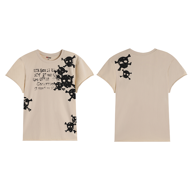 DND4DES Skeleton Printed Washed Outdated Curled Shoulder T-shirt American Street Trendy Brand Short Sleeve Three Color Slim Fit