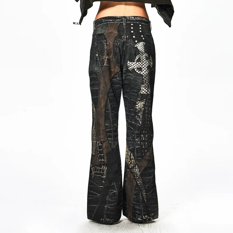 DND4DES Left Handed Zhang Yanqi Original Niche Digital Printed Cross Splicing Straight Leg Pants