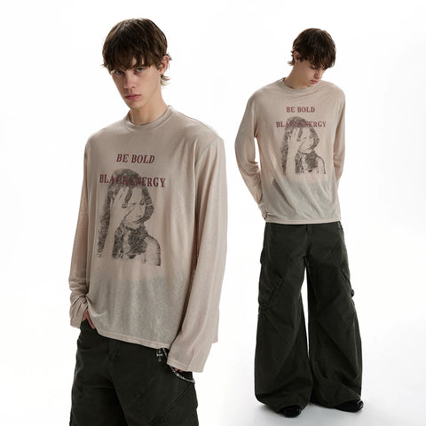 A PUEE retro vintage character letter printed long sleeved T-shirt, cool and loose casual versatile top, cover up, trendy