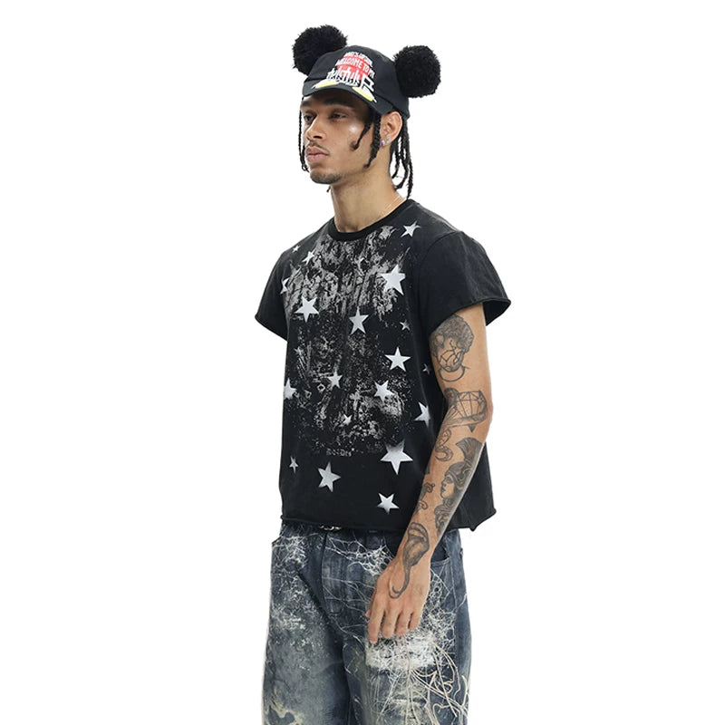 Wang Heye The same DND4DES original dark punk star print curled shoulder T-shirt American slim short sleeve