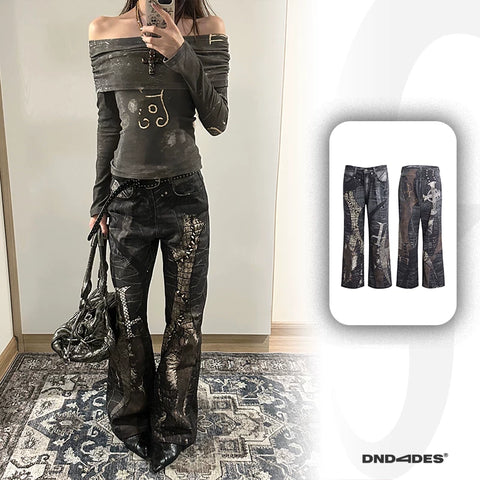 DND4DES Left Handed Zhang Yanqi Original Niche Digital Printed Cross Splicing Straight Leg Pants