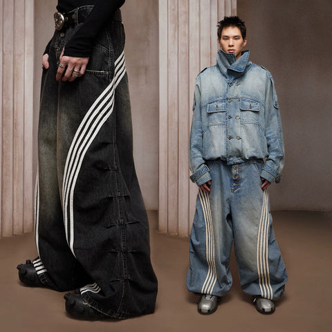 DND4DES Chen Sihan's same American retro heavy-duty washed distressed pleated striped patchwork wide leg jeans