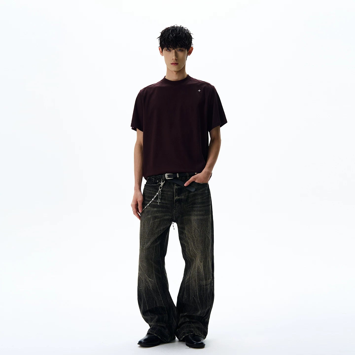 A PUEE American retro cleanfit deconstruction style shoulder short sleeved T-shirt trendy casual versatile cool top