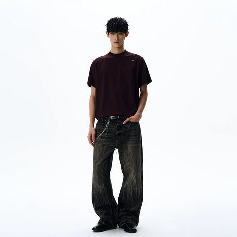 A PUEE American retro cleanfit deconstruction style shoulder short sleeved T-shirt trendy casual versatile cool top