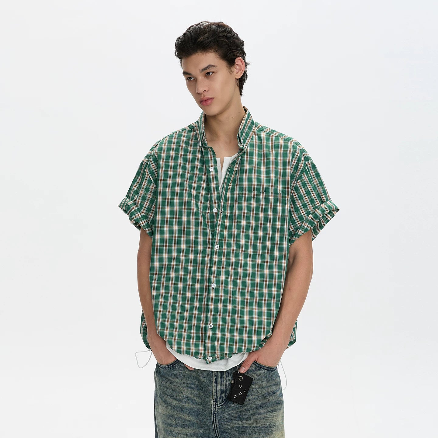 A PUEE American retro classic plaid shirt T-shirt for men and women casual commuting loose versatile shirt short sleeved summer