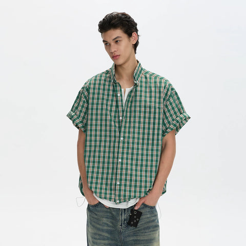 A PUEE American retro classic plaid shirt T-shirt for men and women casual commuting loose versatile shirt short sleeved summer