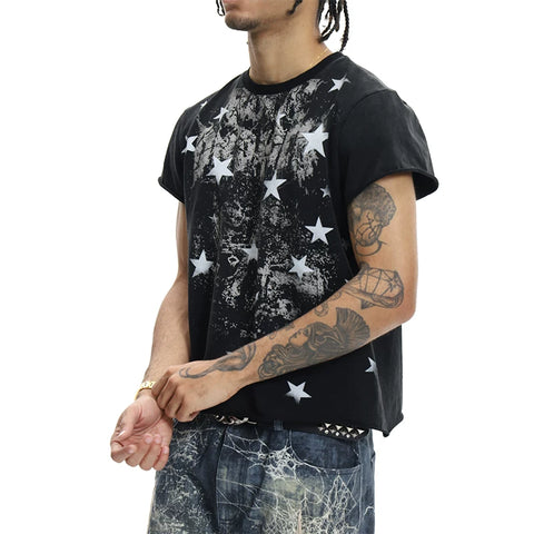 Wang Heye The same DND4DES original dark punk star print curled shoulder T-shirt American slim short sleeve