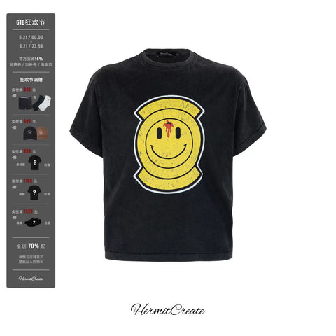 HC/HermitCreate Washed Vintage Printed Short Sleeves with Smiling Faces Mock Flat Street Loose Boxy Version