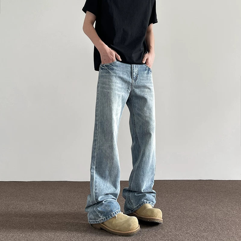 A PUEE American High Street Clean Fit Lightning Washed Jeans Men's Trendy Straight Tube Micro Pull Vibe Handsome Pants