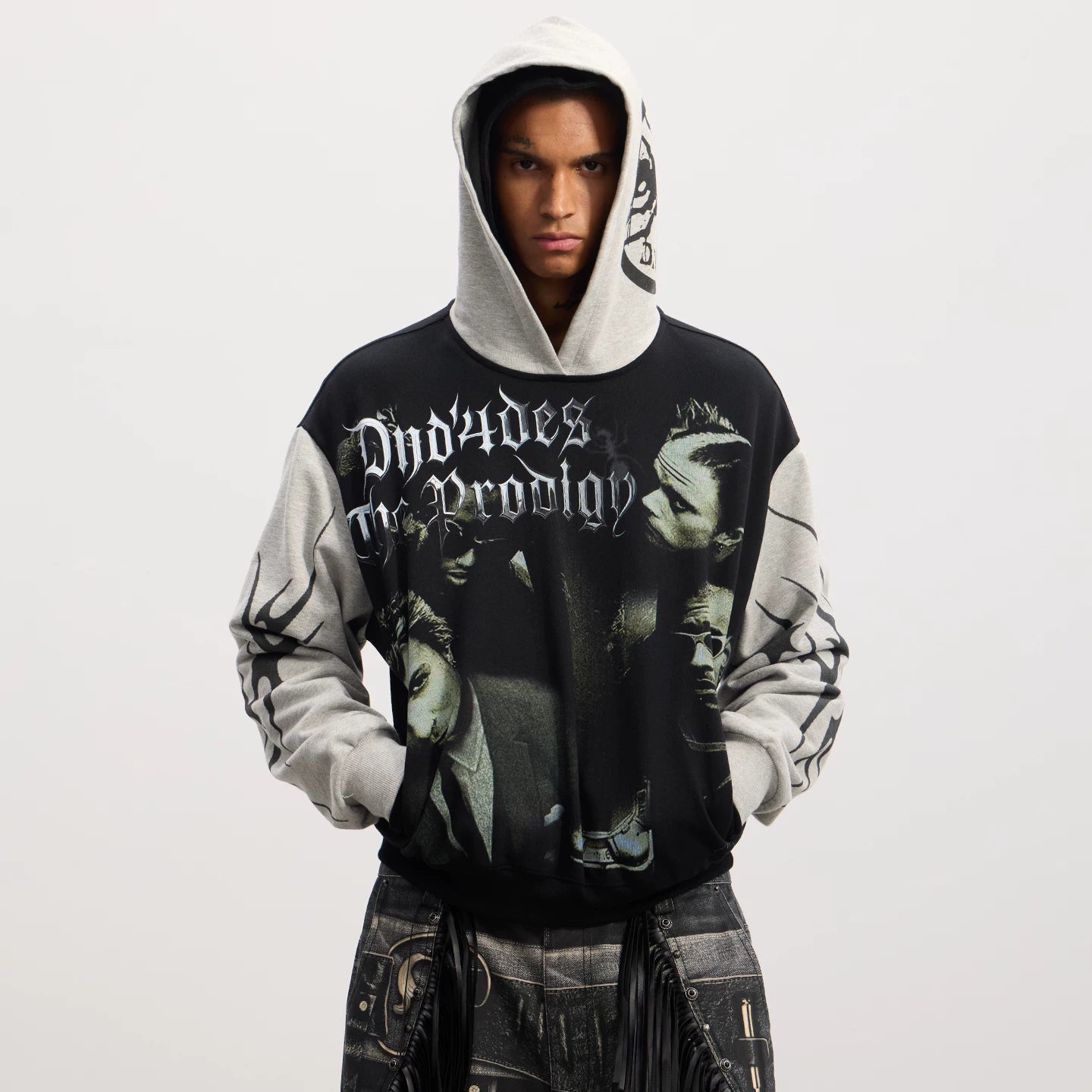 DND4DES American acid font rock portrait print splicing contrasting color Boxy short and wide hooded sweatshirt jacket