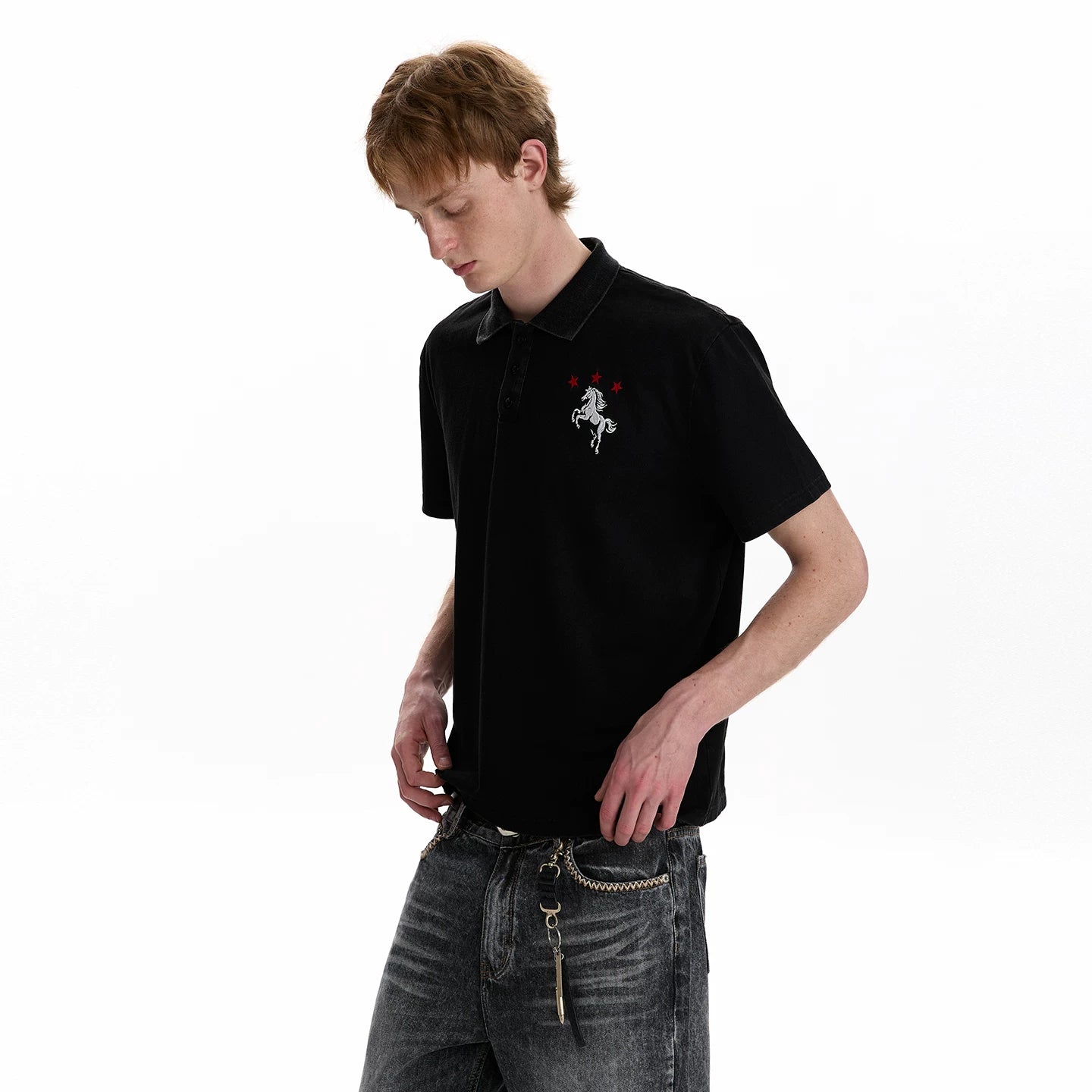 A PUEE Year of the Horse Embroidered Design Polo Shirt Short Sleeve Men's and Women's Vintage Vintage Vintage Short Style Collar Top Summer