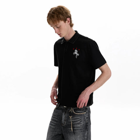 A PUEE Year of the Horse Embroidered Design Polo Shirt Short Sleeve Men's and Women's Vintage Vintage Vintage Short Style Collar Top Summer