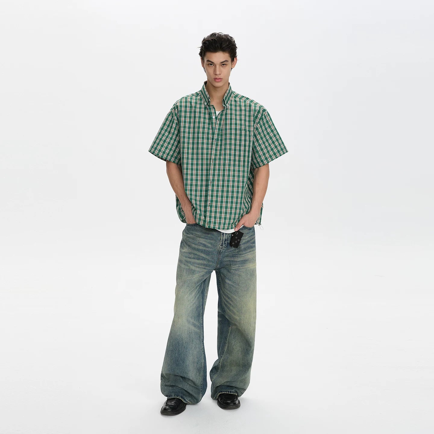 A PUEE American retro classic plaid shirt T-shirt for men and women casual commuting loose versatile shirt short sleeved summer