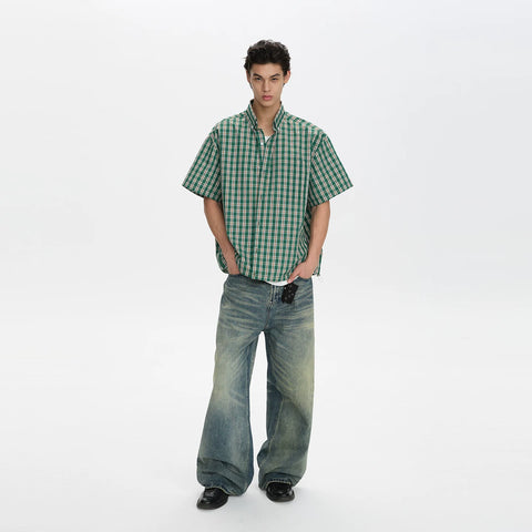 A PUEE American retro classic plaid shirt T-shirt for men and women casual commuting loose versatile shirt short sleeved summer