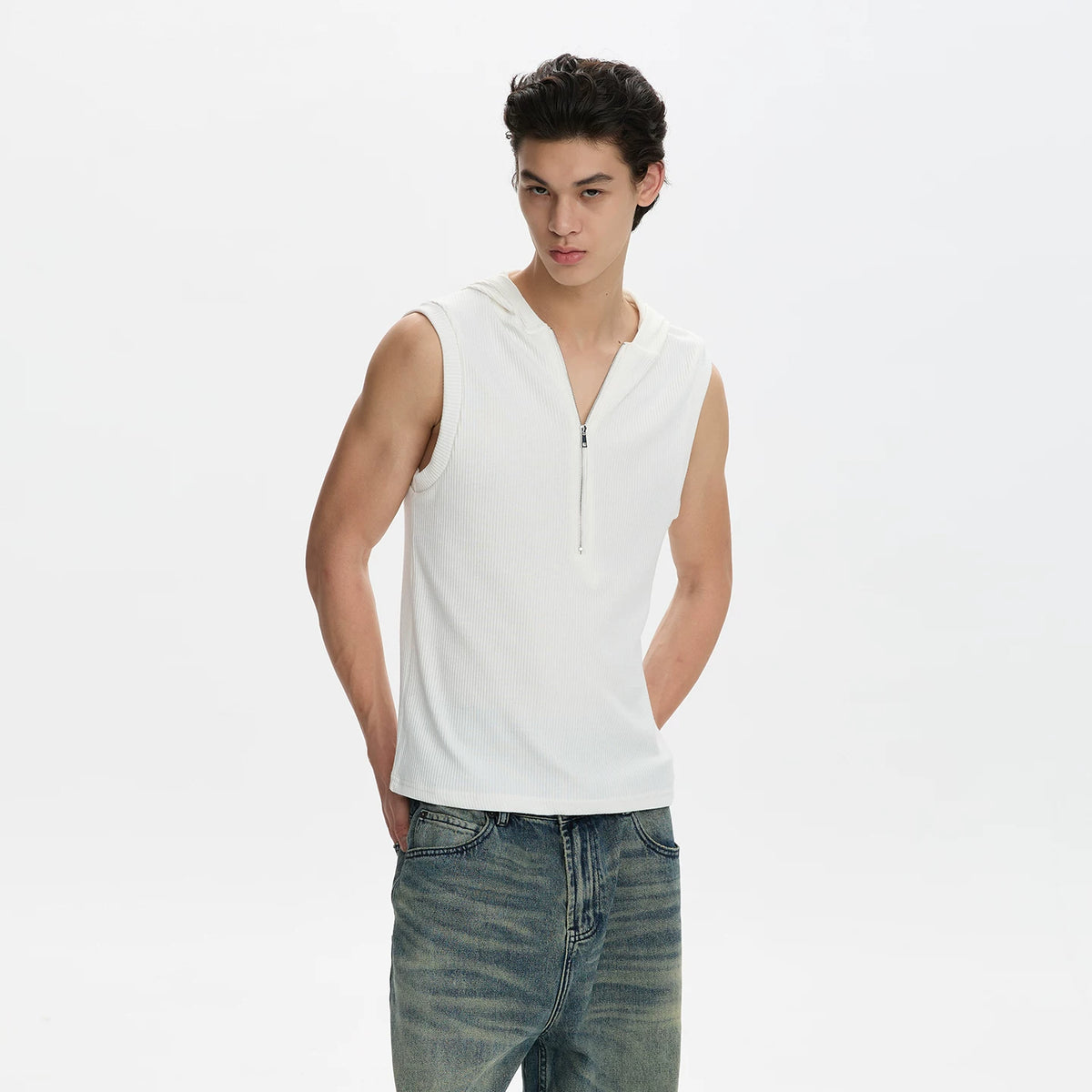 A PUEE half zip hooded slim fit sleeveless vest cleanfit simple commuting short T-shirt fitness top