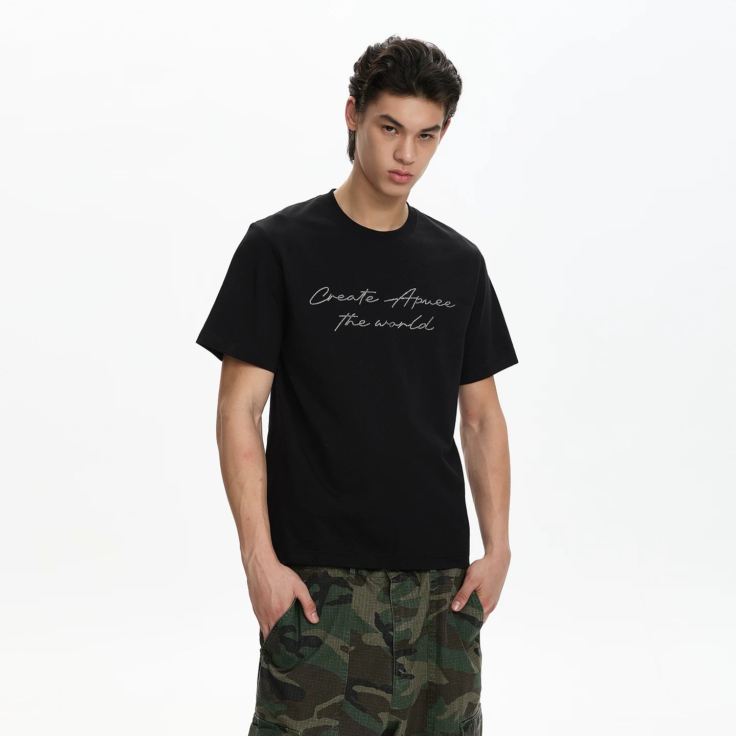 A PUEE Retro Premium Letter Hot Diamond Short sleeved T-shirt Men's and Women's Boxy Version Short Shoulder Versatile Top
