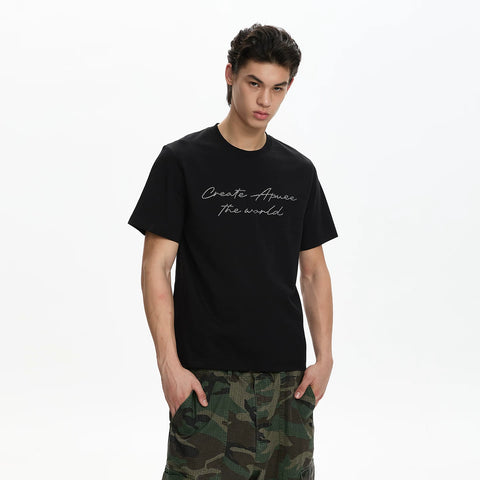 A PUEE Retro Premium Letter Hot Diamond Short sleeved T-shirt Men's and Women's Boxy Version Short Shoulder Versatile Top