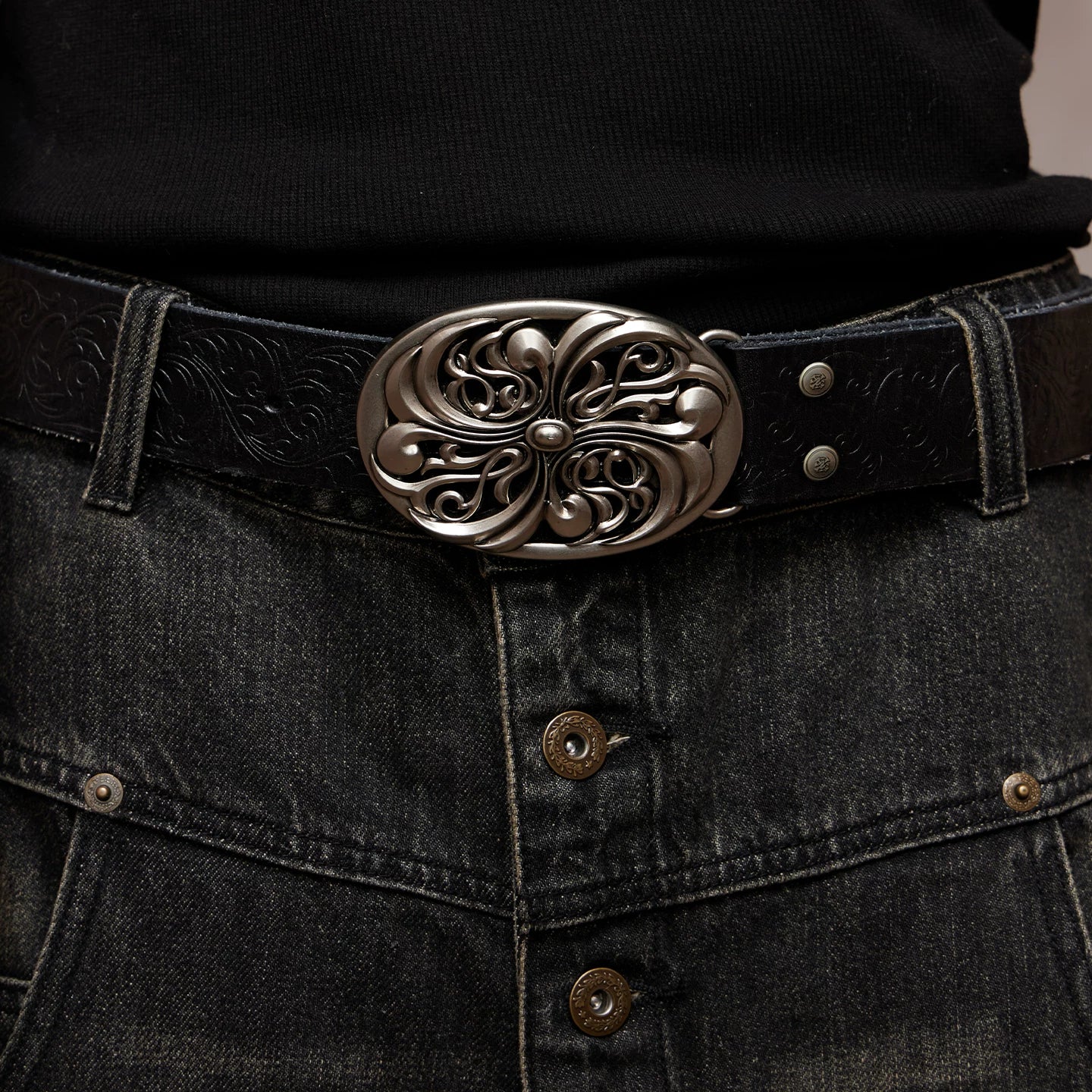 DND4DES Ding Yuxi's retro honeysuckle pattern carved belt, heavy-duty head layer cowhide leather belt, waist belt