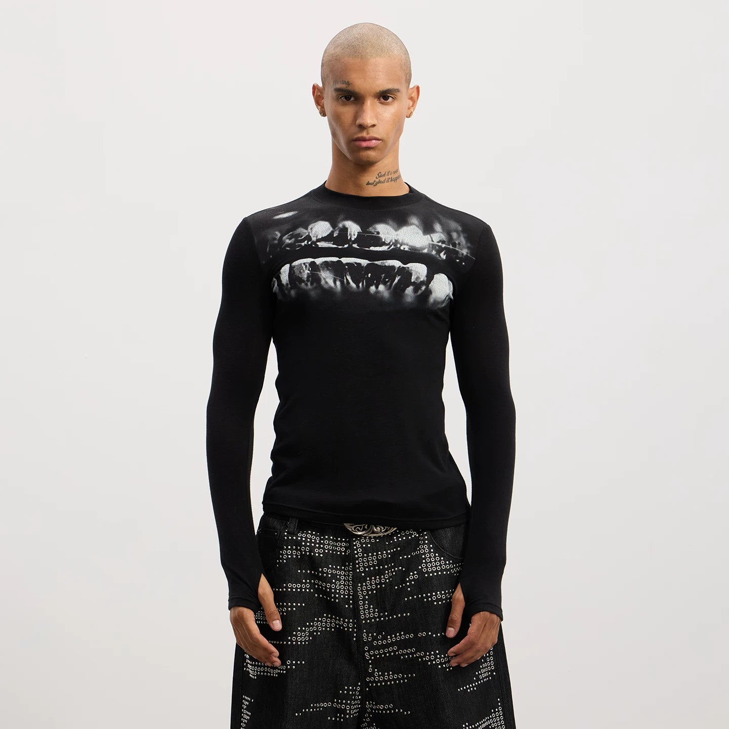 DND4DES dental drill, opium print, elastic slim fit wool blend, bottom layer, long sleeved T-shirt, ninja cuffs