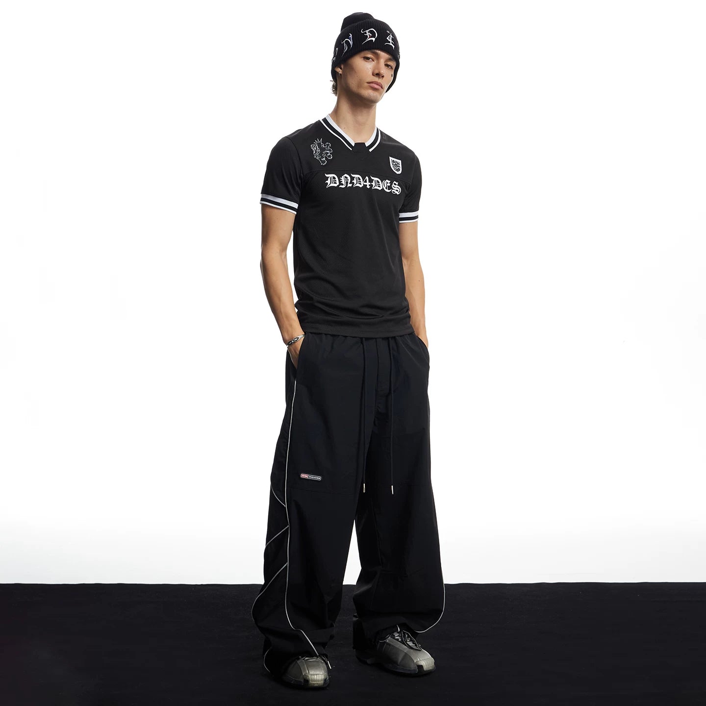 DND4DES American street high-end reflective strip wide leg paratrooper pants commuting black loose sports pants