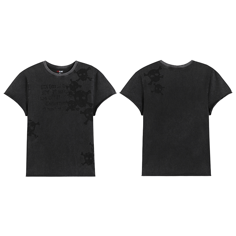 DND4DES Skeleton Printed Washed Outdated Curled Shoulder T-shirt American Street Trendy Brand Short Sleeve Three Color Slim Fit